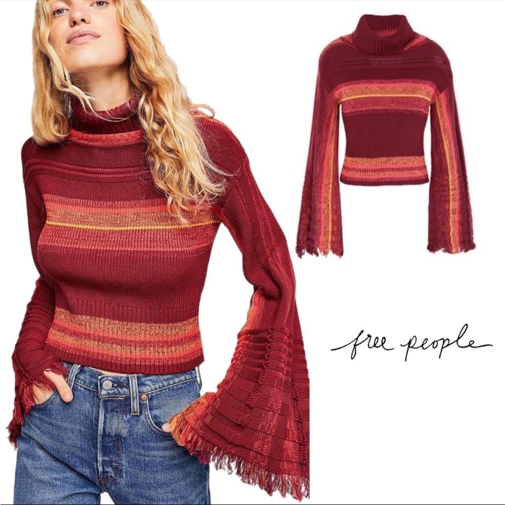 Free People Close To Me Pullover Turtleneck Sweater in  Red Berry Stripe S